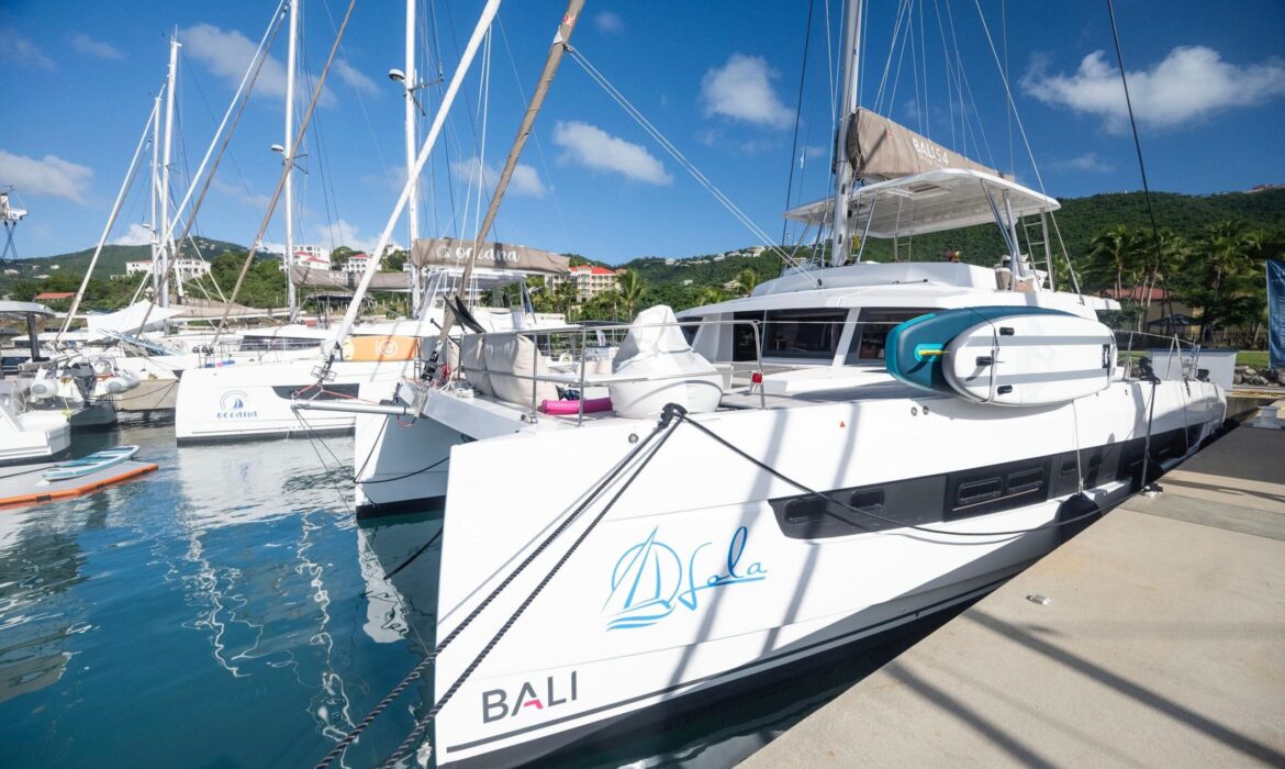 Photo: Bali 5.4 on the dock at Yacht Haven Grande St. Thomas. Courtesy Bali Catamarans.